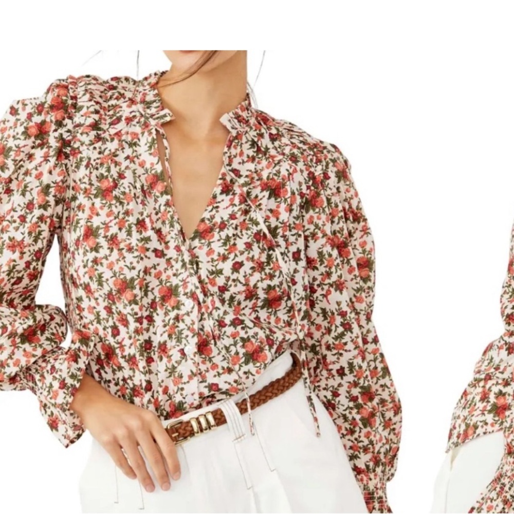 Floral Ruffle Neck Blouse in Cream and Rose